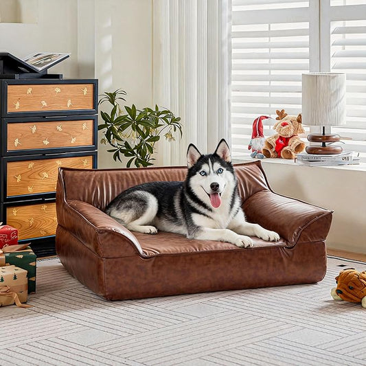 Brown Leather Dog Couch Bed for Small Dogs Under 50 lbs, 31.5 Inch Mid-Century Modern Elevated Dog Sofa Indoor Furniture Style Pet Sofa Bed (Large)