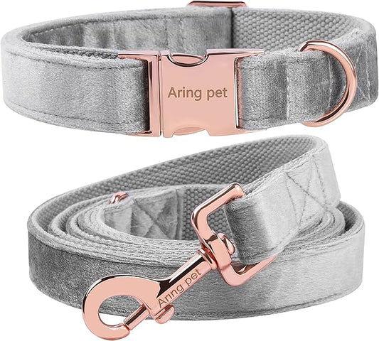 ARING PET Velvet Dog Collar and Leash Set, Soft Dog Collar and Leash, Adjustable Collars for Dogs