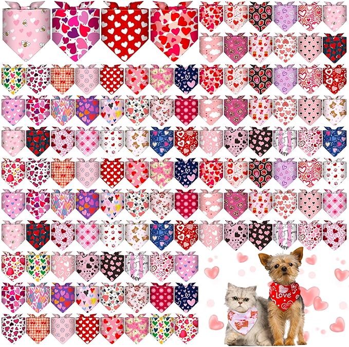 Amylove 120 Pcs Christmas Dog Bandanas Bulk Thanksgiving Day Holiday Triangle Dog Pack Puppy Kerchief Bandana Adjustable Pet Scarf for Pet Cat Costume Accessories Decor(Love)