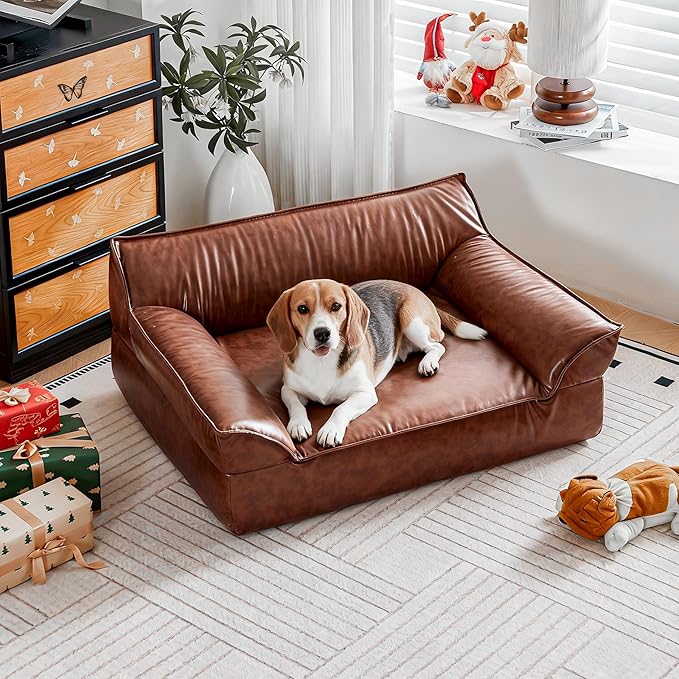 Brown Leather Dog Couch Bed for Small Dogs Under 50 lbs, 31.5 Inch Mid-Century Modern Elevated Dog Sofa Indoor Furniture Style Pet Sofa Bed (Large)