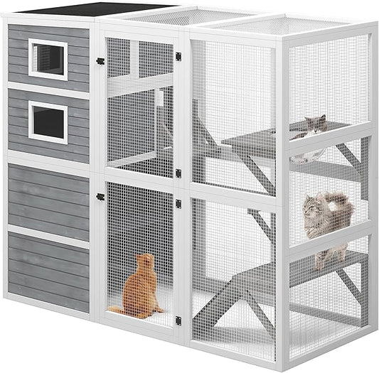DWVO Large Cat Catio Outdoor Cat Enclosures Walk in Playpen Patio with 4-Tier Houses for Indoor Cats, Cats Scratcher Ramp, Space Capsule Bed, 5 Windows, Outside Catio with Weatherproof Roof