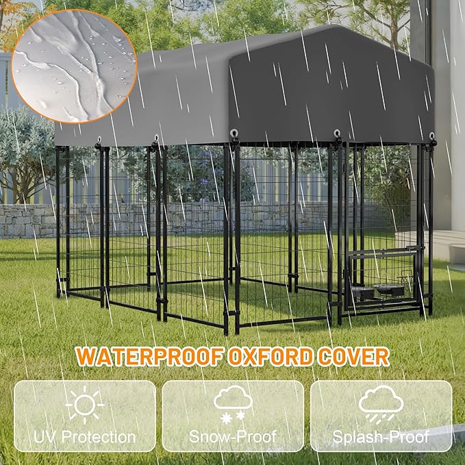 Dog Crate Dog Kennel Outdoor W/Roof,Dog Cage W/ 360°Rotating Feeder & Secure Lock,Weatherproof Dog Pens Outside W/Flexible Clamps,for Garden Yard,Grey(4.23x5.82x4.83 FT)