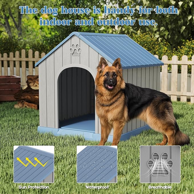 Large Dog House Outdoor Indoor for Medium Large Dogs, Sturdy Plastic Waterproof Doghouse with Air Vents and Elevated Floor, Easy Clean and Assemble (Light Blue, 36.2''L×38''W×38''H)