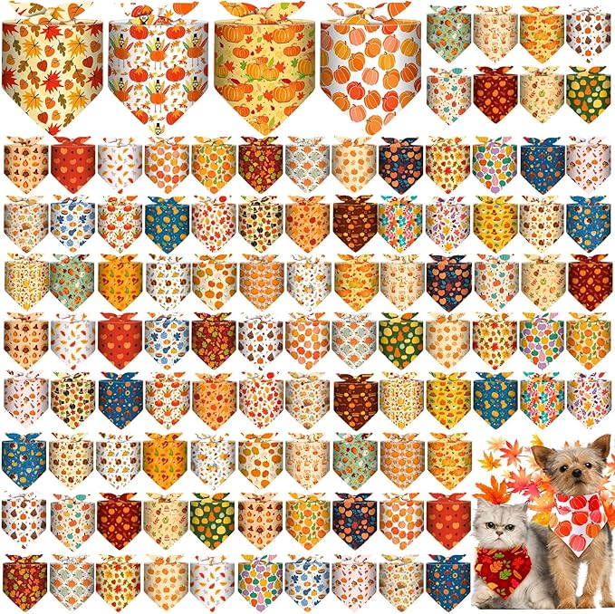 Amylove 120 Pcs Christmas Dog Bandanas Bulk Thanksgiving Day Holiday Triangle Dog Pack Puppy Kerchief Bandana Adjustable Pet Scarf for Pet Cat Costume Accessories Decor(Turkey)