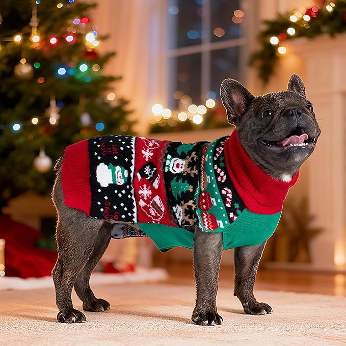 cyeollo Dog Christmas Sweater, Turtleneck Warm Sweater for Small Dogs Soft Xmas Clothes with Leash Hole Holiday Clothes for Pet Female & Male, L