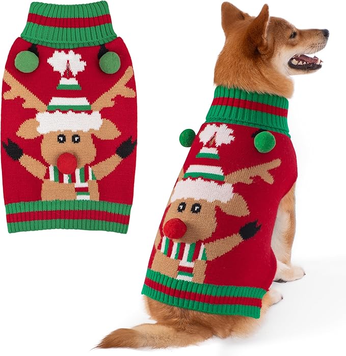 KYEESE Dog Christmas Sweater with Reindeer Pattern, Warm Festvial Dog Sweater for Small Dogs, Doggie Knitwear with Leash Hole, Soft Cozy Pet Clothes for Christmas, X-Large