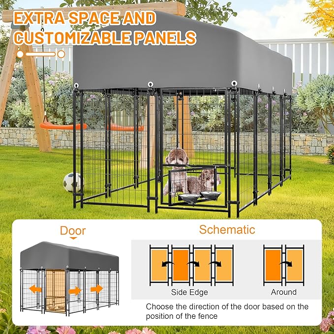 Dog Crate Dog Kennel Outdoor W/Roof,Dog Cage W/ 360°Rotating Feeder & Secure Lock,Weatherproof Dog Pens Outside W/Flexible Clamps,for Medium/Large,Grey(4.23x7.81x4.83 FT)