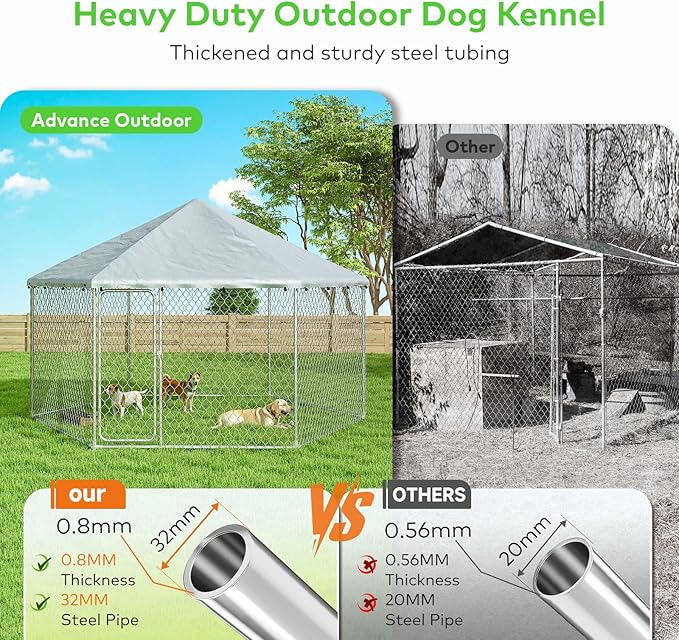 9.1x9.1 FT Large Outdoor Dog Kennel Outside, Heavy-Duty Galvanized Wire Mesh Dog Enclosure with Waterproof Cover & Secure Lock, Hexagonal Cage for Large Dogs