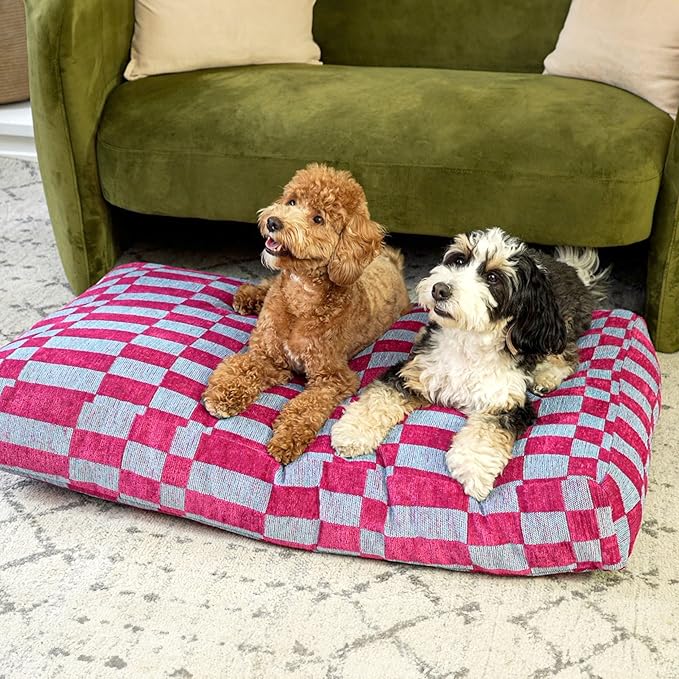 DBD3001C-XL Mabel 49.5" x 31.5" Designer Modern Ultra Soft Reversible Plush Rectangular Pet Bed with Washable Cover, Blueberry Check