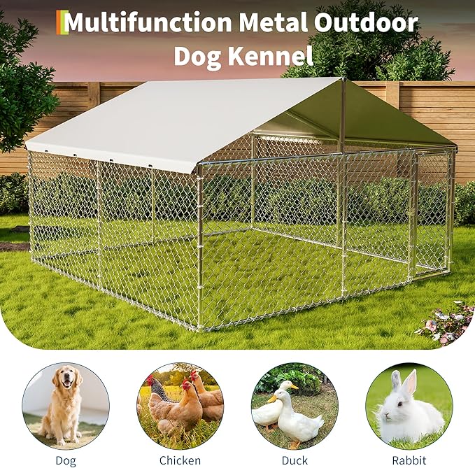 Large Outdoor Dog Kennel, 10x10x6ft Dog Kennel with Waterproof & UV-Resistant Cover, Large Dog House for Outside Backyard Farm