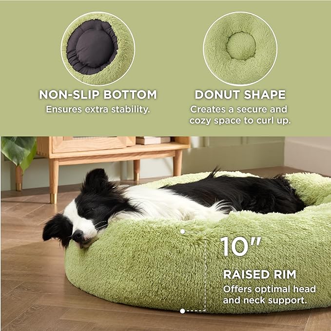 Bedsure Calming Dog Bed for Large Dogs - Donut Washable Large Pet Bed, Anti-Slip Round Fluffy Plush Faux Fur Dog Bed, Fits up to 80 lbs Pets, Green, 36 inches