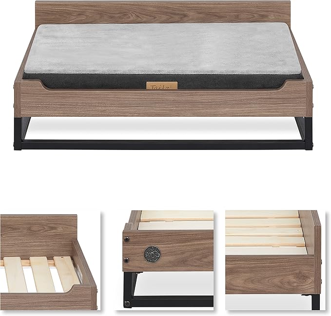 Milo Wooden Dog Bed, Plush Mattress Comforts The Pets with Bone Diseases, Water Resistant, Greenguard Gold Certified, Mattress, Non - Toxic Pet Proof Paint, Walnut