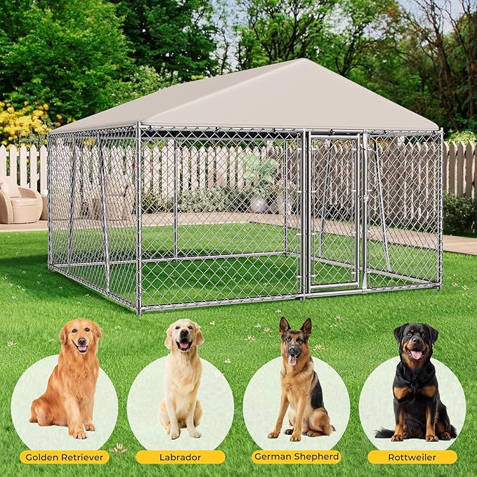 Lyromix 10 x 10FT Large Outdoor Dog Kennel with Roof, Dog Kennel Outside with Waterproof Cover, Galvanized Heavy Duty Chain Link Dog Runs Cage Playpen for Outside with Secure Lock