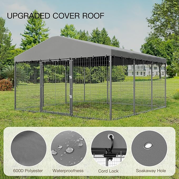 Large Outdoor Dog Kennel,10x10x6 FT Heavy Duty Dog Cage with Fully Covered Roof,Anti-Rust Outdoor Dog Fence w/Waterproof UV-Resistant Cover and Double Security Locks for Backyard