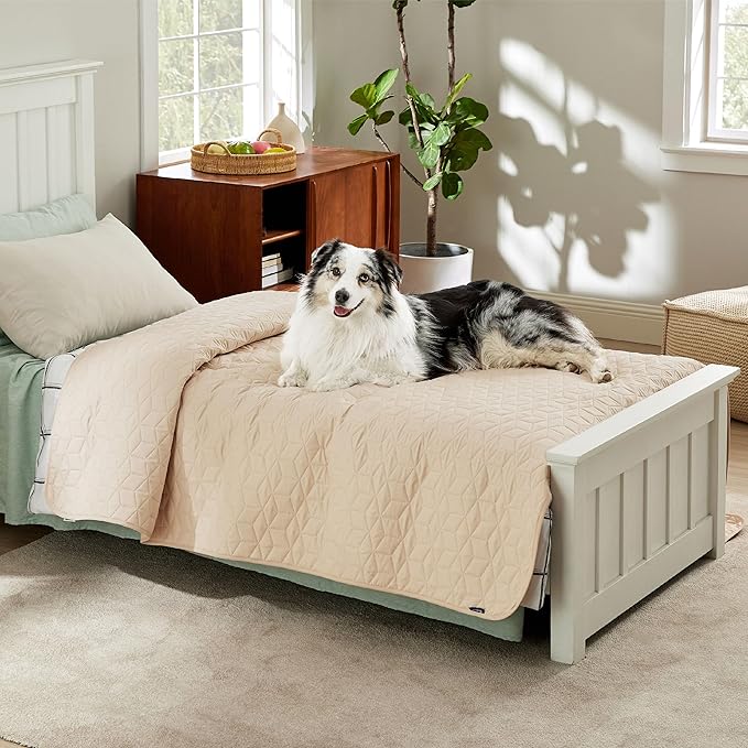 Bedsure 100% Waterproof Bed Cover for Dogs Washable - Non Slip Waterproof Dog Blanket for Bed, Lightweight Furniture Protector Durable for Pet Cat Puppy with Non-Slip Bottom, Beige, 68x82IN