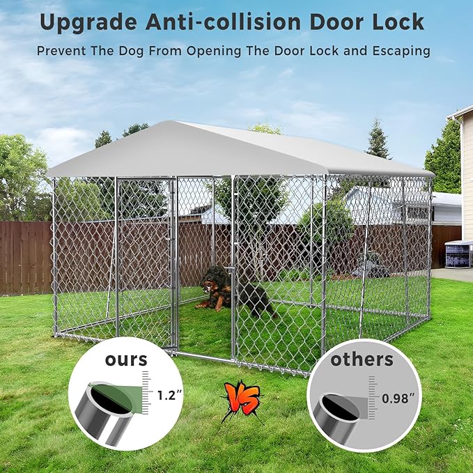 Lyromix Upgraded 10×10FT Outdoor Dog Kennel with Roof, Large Dog House Pen Enclosure with Sidebar, Heavy Duty Chain Link Kennel with Lock for Outside Backyard