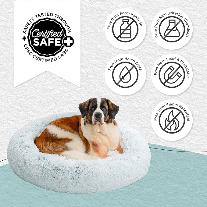 Best Friends by Sheri Original Calming Donut Dog and Cat Bed, Shag Faux Fur, Frost Gray, XL (45in x 45in) - Anxiety Relief for Pets Up to 150 lbs