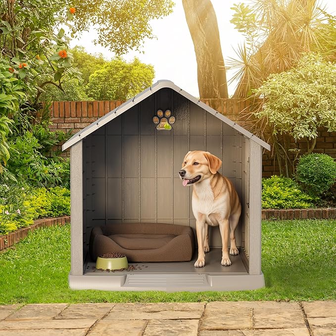Fancyango Dog House Outdoor Indoor - Waterproof, Ventilated, Easy to Clean, Elevated Floor for Small-Large Dogs, Easy to Assemble (Grey, 31" L x 33.3" W x 33.5" H)