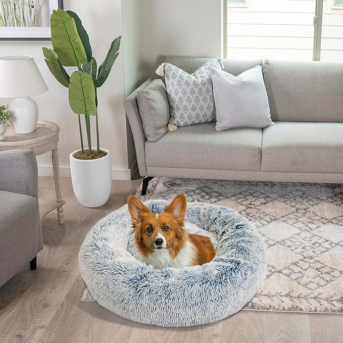 Best Friends by Sheri Original Calming Donut Dog and Cat Bed, Shag Faux Fur, Denim Blue, (30in x 30in) - Anxiety Relief for Pets Up to 45 lbs