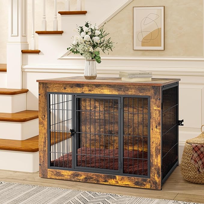 Bigrab Dog Crate Furniture with Thick Cushion, Side End Table Wooden Dog Cage with Double Doors, Chew-Resistant Dog Kennel Dog House Indoor for Small to Large Dog, S