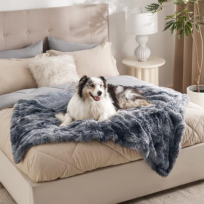 Bedsure Waterproof Dog Blankets for Large Dogs - Cat Blanket for Couch Protector Washable Long Faux Fur,Calming Soft Reversible Throw Furniture Protection for Puppy Pet, 50"x60", Tie-dye Grey