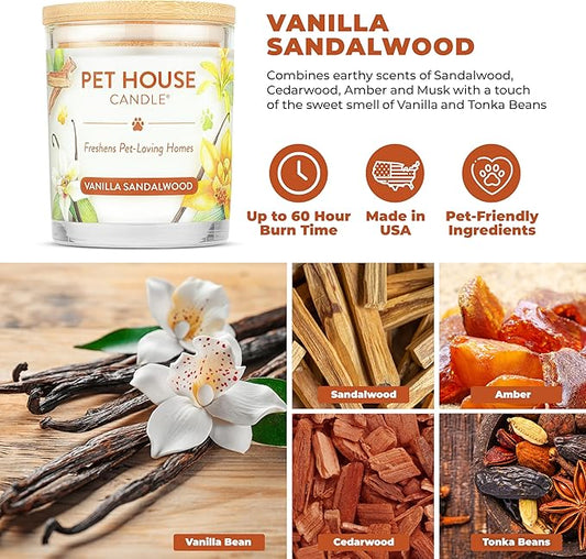 One Fur All Pet House Candle Plant-Based/Soy - Clean Burning Scented, Long Lasting Pet Odor Candle for Home - Vanilla Sandalwood