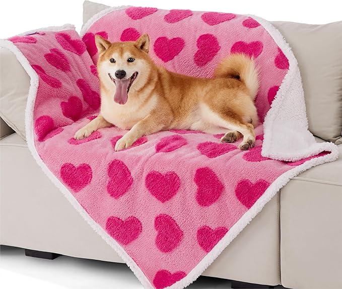 LE SURE Waterproof Puppy Blanket for Large Dogs - Washable Double Sided Dog Blankets with Warm Jacquard Shag and Soft Sherpa Fleece, Pet Cat Blanket for Couch Protection, Love Pattern Design，Pink