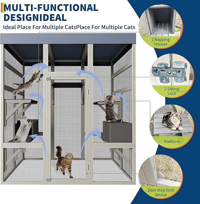 70" Large Outdoor Catio Cat Enclosure, Wood Cat Patio with Waterproof UV-Resistant Roof, Cats Shelter with 5 Platforms and 2 Resting Box, and Secure Rust-Proof Wire for Backyard or Patio