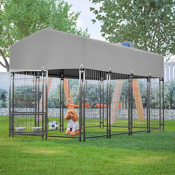 Dog Crate Dog Kennel Outdoor W/Roof,Dog Cage W/ 360°Rotating Feeder & Secure Lock,Weatherproof Dog Pens Outside W/Flexible Clamps,for Medium/Large,Grey(4.23x7.81x4.83 FT)