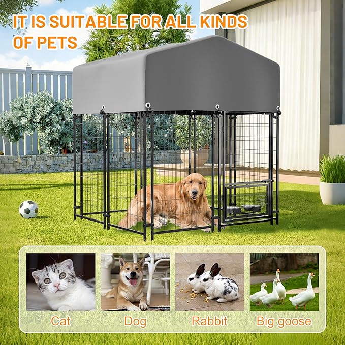 Dog Crate Dog Kennel Outdoor W/Roof,Dog Cage W/ 360°Rotating Feeder & Secure Lock,Weatherproof Dog Pens Outside W/Flexible Clamps,for Garden Yard,Grey(4.23x3.83x4.83 FT)