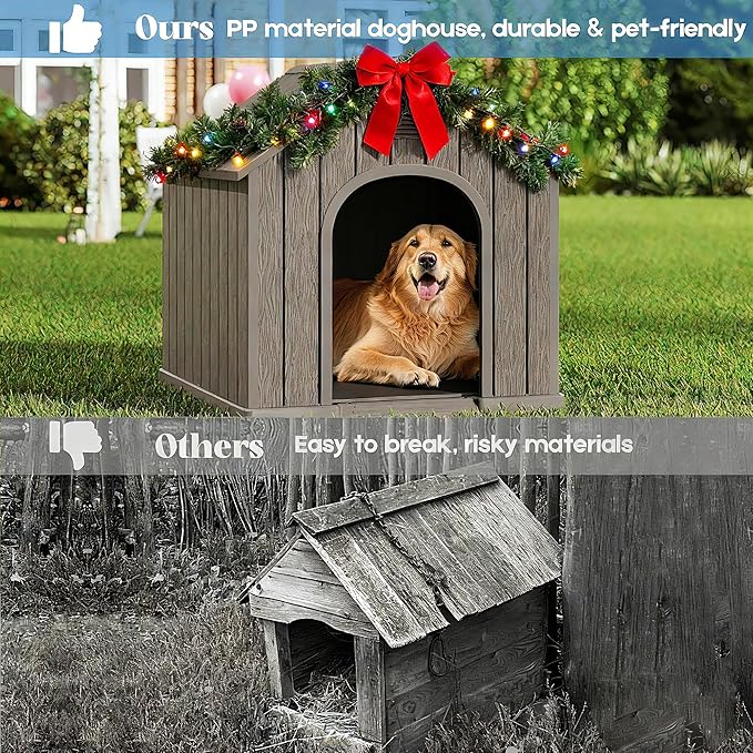 Large Dog House Outdoor Indoor for Medium Large Dogs, Sturdy Plastic Waterproof Doghouse with Air Vents and Elevated Floor, Easy Clean and Assemble (Light Grey, 36.2''L×38''W×38''H)