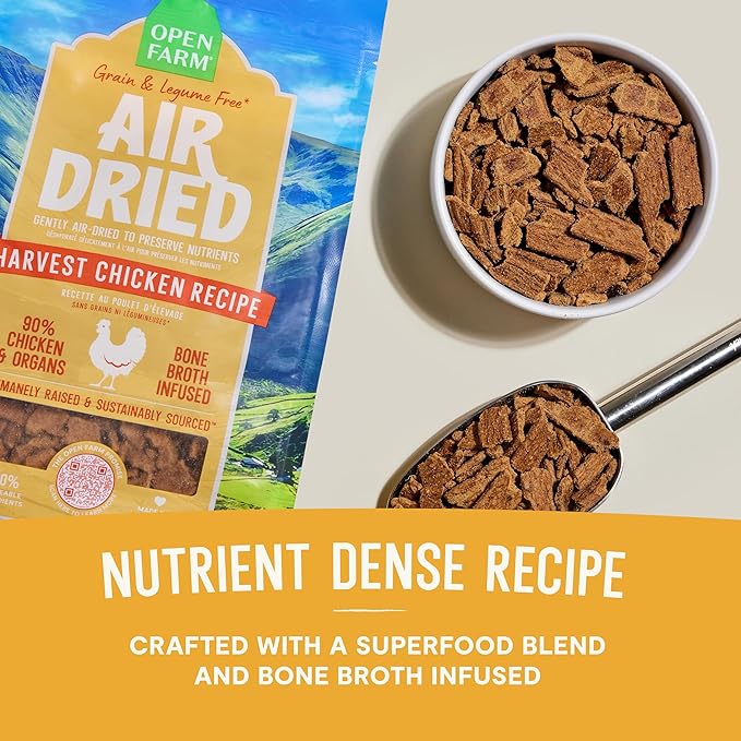 Open Farm, Air Dried Dog Food Infused with Bone Broth, Grain & Legume Free, Complete Meal or Food Topper, Harvest Chicken Recipe, 2lb Bag
