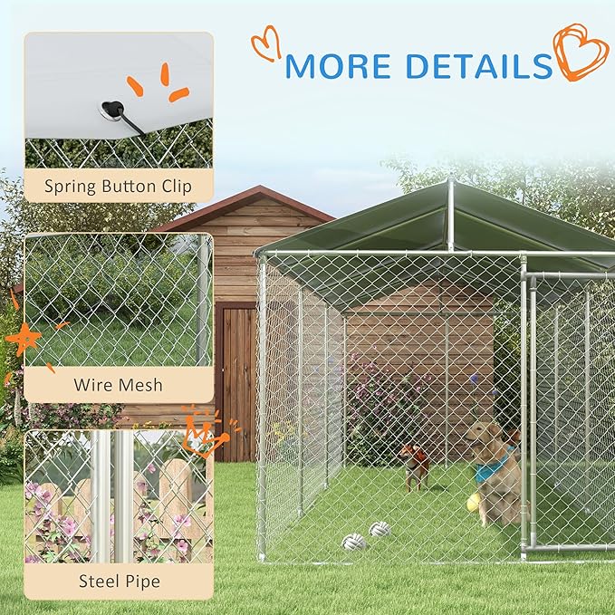 PawHut Outdoor Dog Kennel, Heavy Duty Dog Run Outdoor Fence with Waterproof Cover, Galvanized Chain Link, Secure Lock, for All Sized Breeds, Chickens, Ducks, 20' x 7.5' x 7.5'