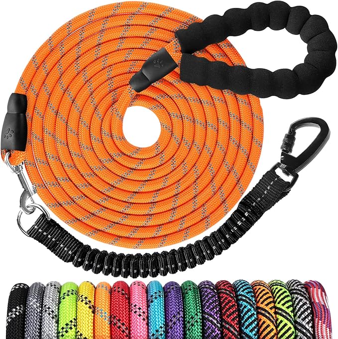 Long Dog Leash 20 FT: Heavy Duty Rope Leashes for Dogs Training with Swivel Lockable Hook Reflective Threads Bungee and Padded Handle - Dog Lead for Large Small Medium Dogs Outside Walking Hiking
