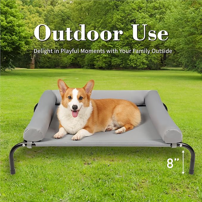 Cooling Elevated Dog Bed with Pillows,Portable Washable Raised Dog Cot with Chew Proof Mesh and Metal Frame,No-Slip Rubber Feet for Indoor & Outdoor Use,Medium,Gray