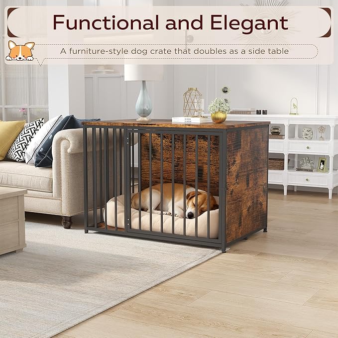 Dog Crate Furniture for Large and Medium Dogs, 42 Inch Wooden & Steel Decorative Indoor Kennel, Pet Cage End Table for Home, Escape-Proof & Chew-Proof, Rustic Brown