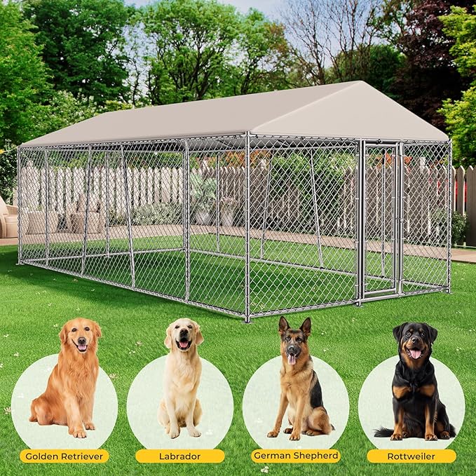 Lyromix 10 x 20FT Large Outdoor Dog Kennel with Roof, Dog Kennel Outside with Waterproof Cover, Galvanized Heavy Duty Chain Link Dog Runs Cage Playpen for Outside with Secure Lock