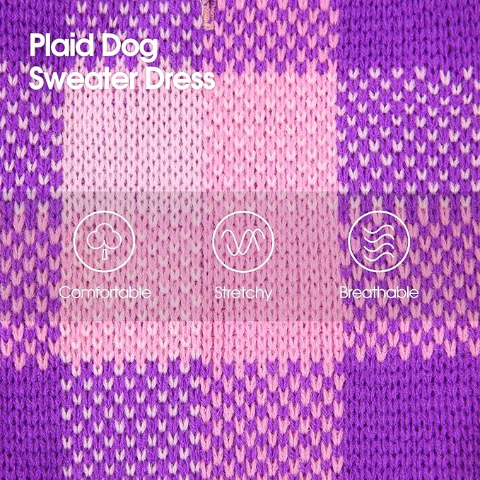 Dog Sweater Dress Plaid Knitwear for Small Medium Dogs Warm Puppy Pet Turtleneck Stretch Pullover Cute Fall Winter Vest Clothes with Leash Hole for Christmas (Purple, 2XL)