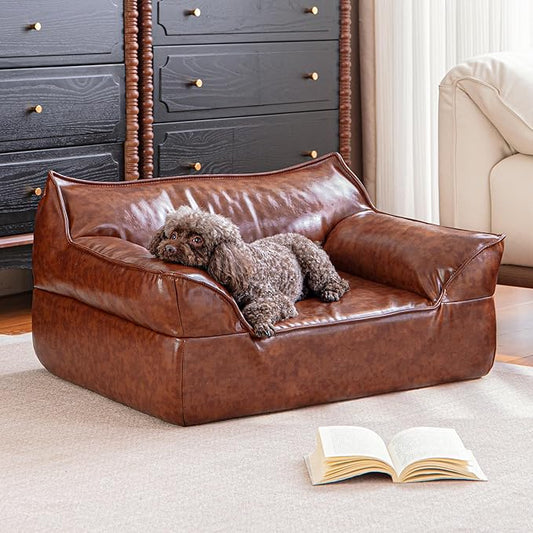 Brown Leather Dog Couch Bed for Medium Small Dogs Under 50 lbs, 31.5 Inch Mid-Century Modern Luxury Elevated Dog Sofa Indoor, Furniture Style Vintage Raised Pet Sofa Bed (Medium)