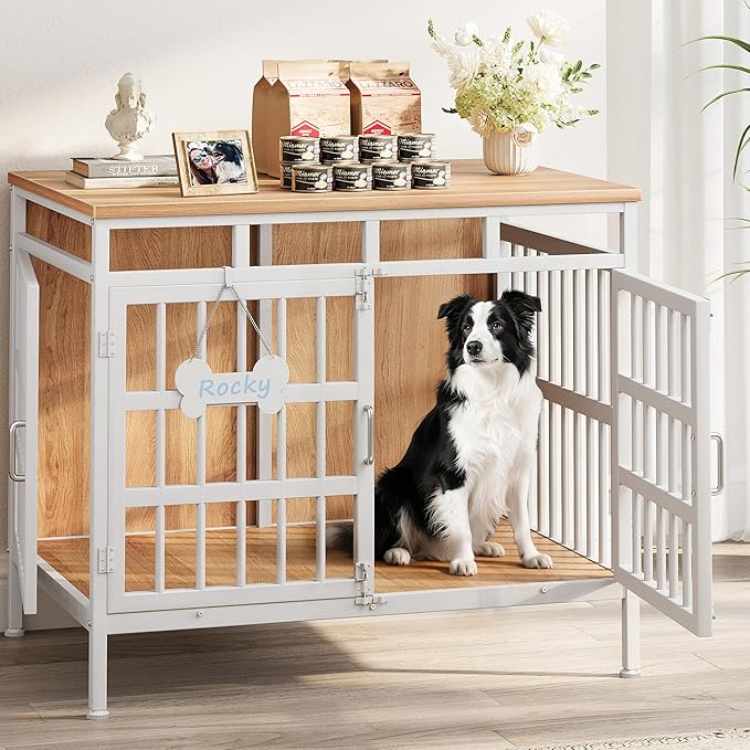 39 Inch Dog Crate Furniture, Heavy Duty Dog Kennel for Small Medium Large Dogs, Double Doors Indoor Decor Pet House Cage, Anti Escape Wooden Dog Cage with Name Tag End Table, TV Stand, Beige