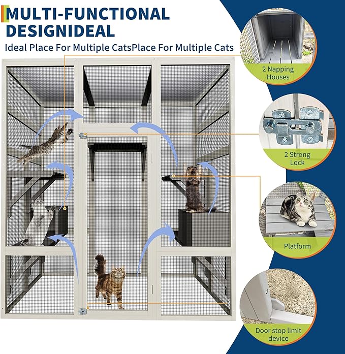 70-Inch Large Catio Enclosure, UV-Protected, Wooden Frame and Rust-Resistant Steel Mesh, Cat House with 2 Lounging Boxes and Platforms, for Patio or Backyard