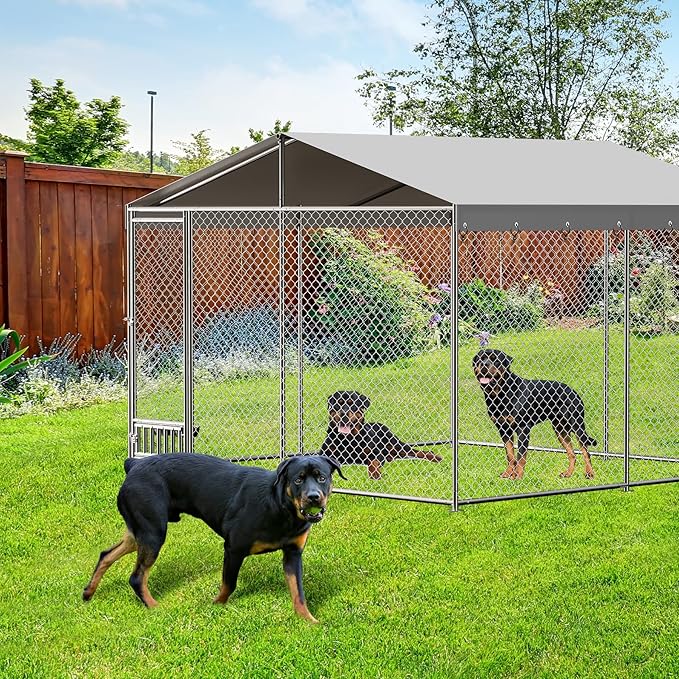 Outdoor Dog Kennel, 10x10 Ft Large Heavy Duty Dog Enclosure with Waterproof Cover Roof, Chain Link Dog Runs Dog House with Secure Lockable Door for Outside Backyard
