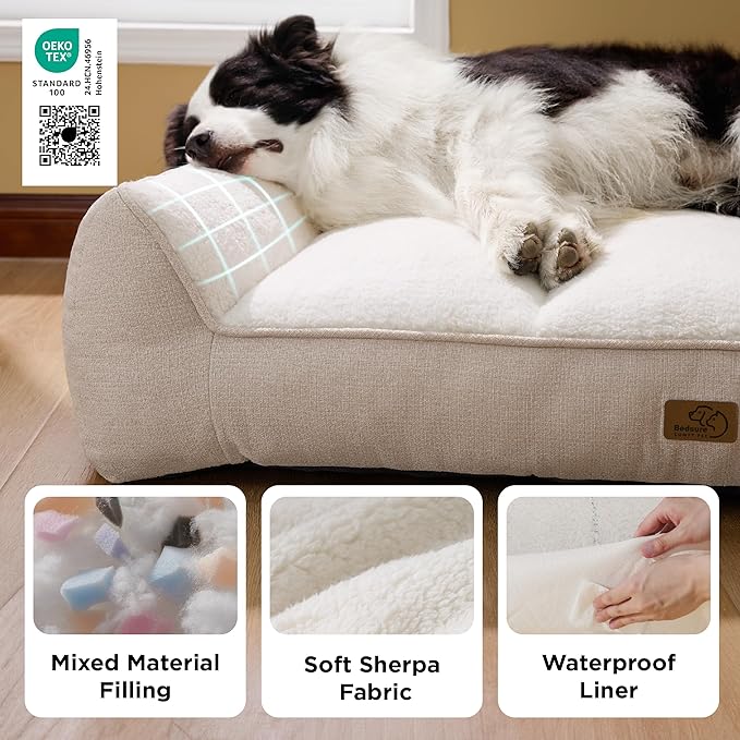Bedsure XL Pro Orthopedic Dog Beds Large Sized Dog - Extra Thick Supportive Dogs Couch with Waterproof Washable Cover, Extra Large Comfort Pet Bed Sofa with Soft Sherpa and Nonskid Bottom, Beige