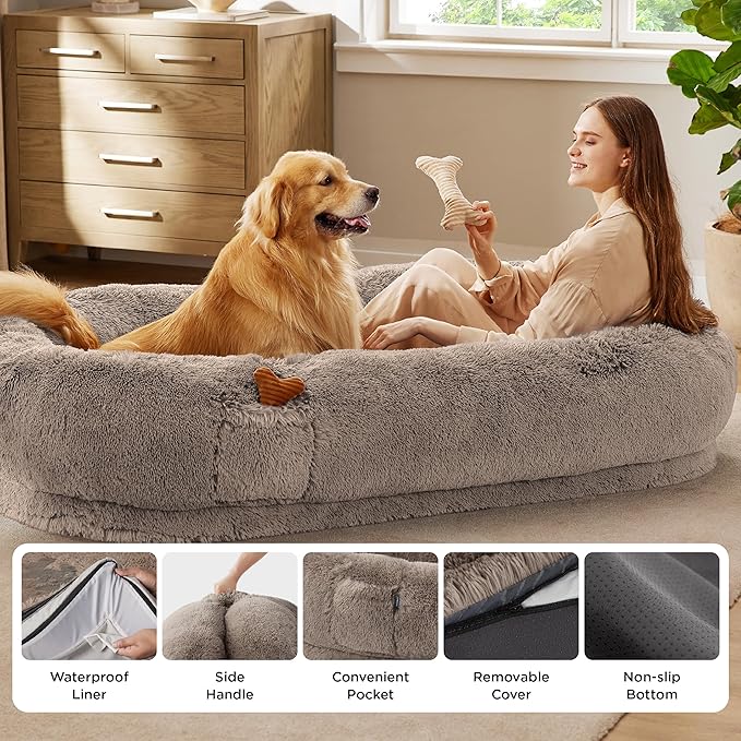 Bedsure Human Dog Bed, 71.0" x 44.0" x 12.0" Calming Giant Human Dog Bed for Adults People Fits Pet Families with Storage Pocket, Fluffy Faux Fur Orthopedic Pet Bean Bed, Camel