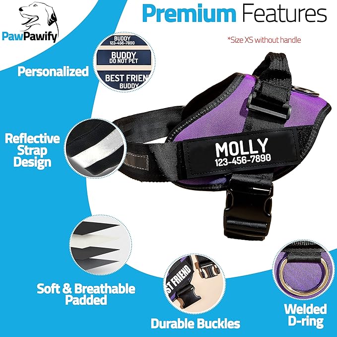 PawPawify Custom No Pull Dog Harness with Name and Phone Number, Heavy Duty Personalized Pet Vest to Prevent Tugging, Pulling, or Choking, Training and Walking (Purple, S (Chest 16-21in))