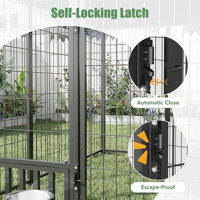 Heavy Duty Outdoor Dog Kennel for Yard, 10x10 Large Steel Chain Link Fence with Roof, Dog Run Enclosure with Feeding Bowl & Self-Locking Latch