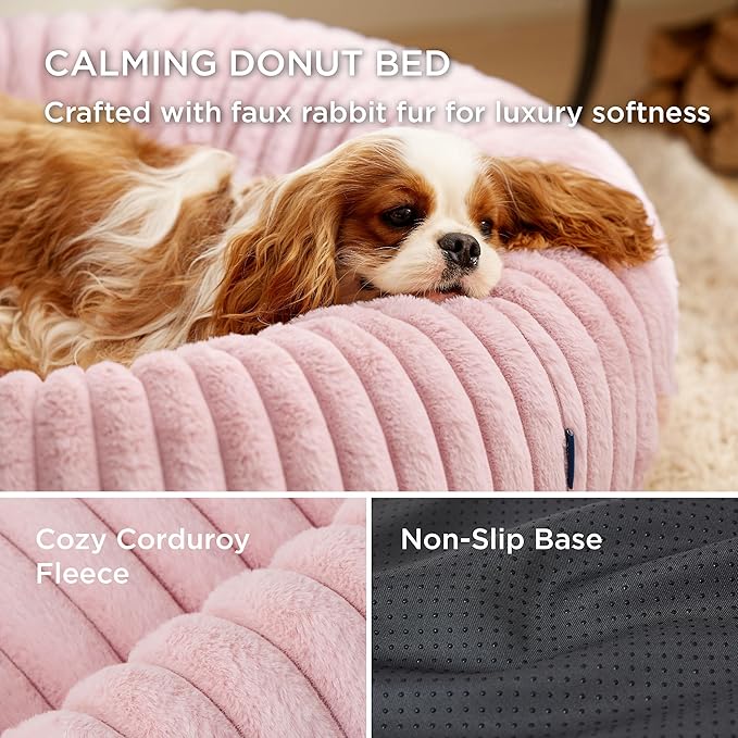 Bedsure Donut Small Dog Bed - Dog Beds for Small Dogs with Corduroy Fleece & Anti Slip Bottom, Round Faux Fur Pet Beds with Washable Removable Cover, Blush Pink, 23x23x7 inches