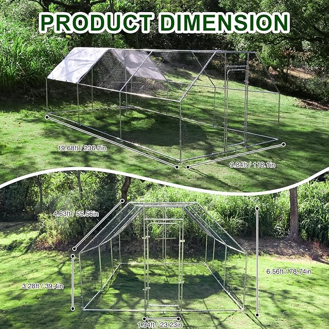 Chicken Coop Large Metal Chicken House/Pen with Climbing Frame for 15-20 Chickens, Outdoor Walk-in Poultry Cage Flat Shape for Ducks, Rabbits, Dogs Etc, Silver (236" L x 117.6" W x 78.7" H)