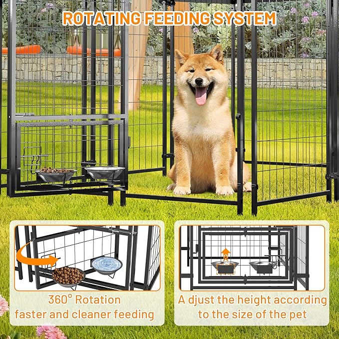 Dog Crate Dog Kennel Outdoor W/Roof,Dog Cage W/ 360°Rotating Feeder & Secure Lock,Weatherproof Dog Pens Outside W/Flexible Clamps,for Garden Yard,Grey(4.23x5.82x4.83 FT)