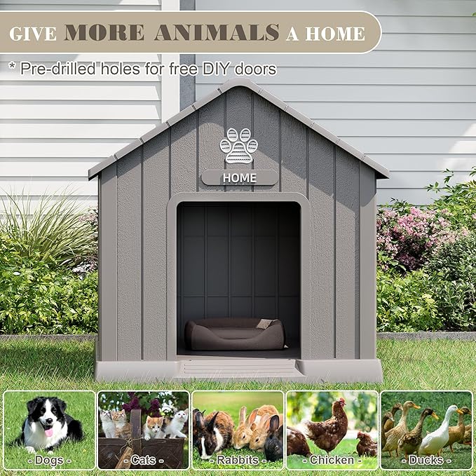 Fancyango Dog House Outdoor Indoor - Waterproof, Ventilated, Easy to Clean, Elevated Floor for Small-Large Dogs, Easy to Assemble (Grey, 37.2" L x 40" W x 40" H)